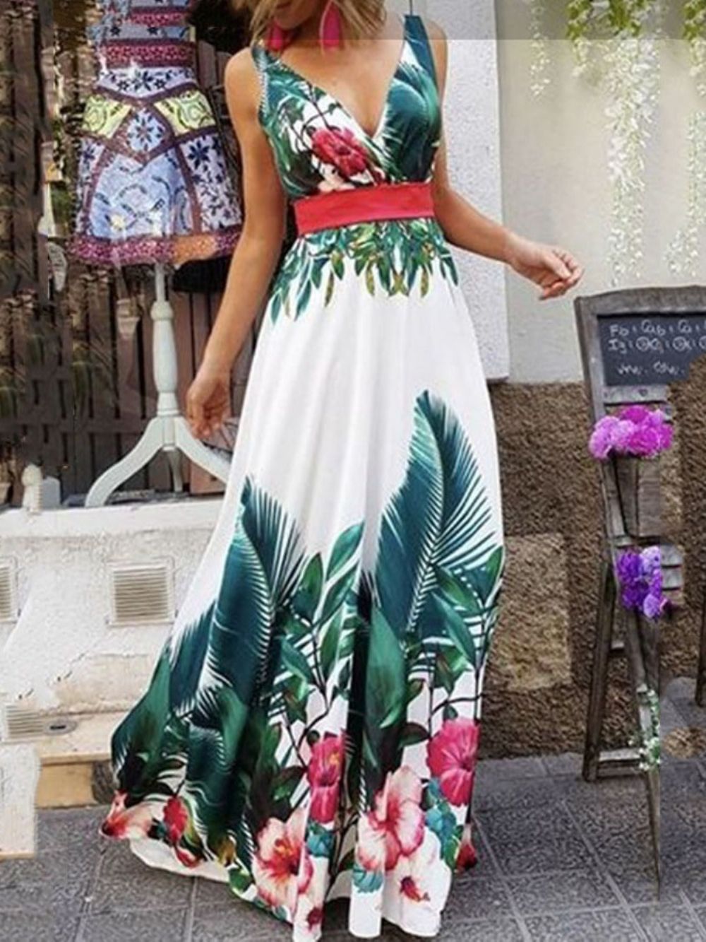 Vestido Maxi Elegante Com Decote Em V E Estampa Sem Manga