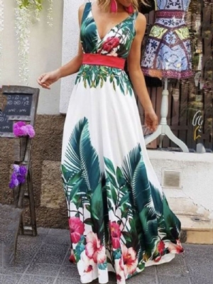 Vestido Maxi Elegante Com Decote Em V E Estampa Sem Manga