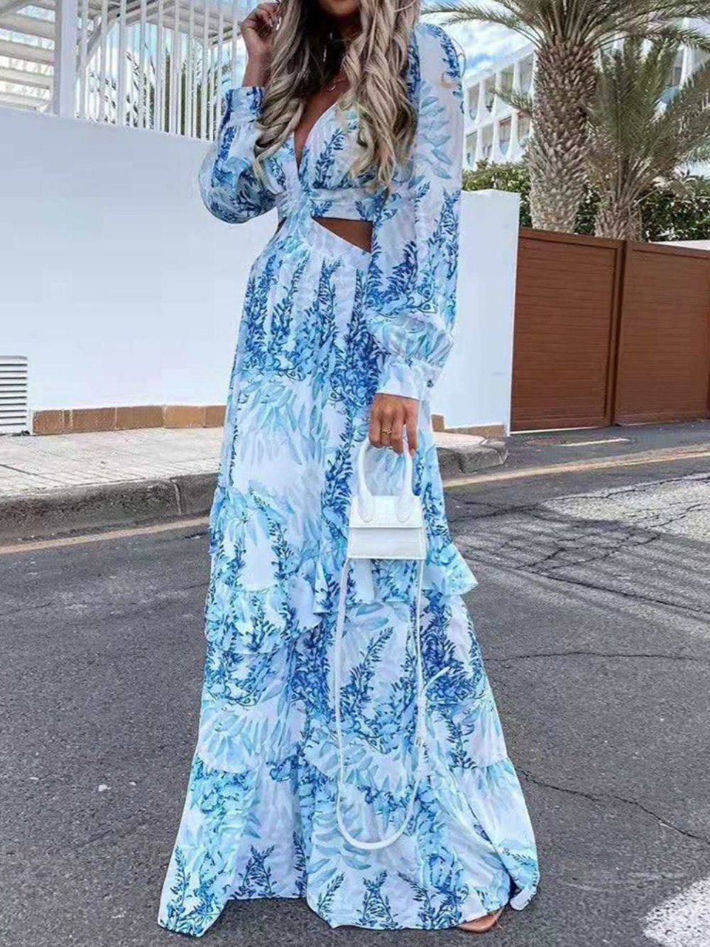 Vestido Maxi Estampado No Chão Com Decote Em V Regular