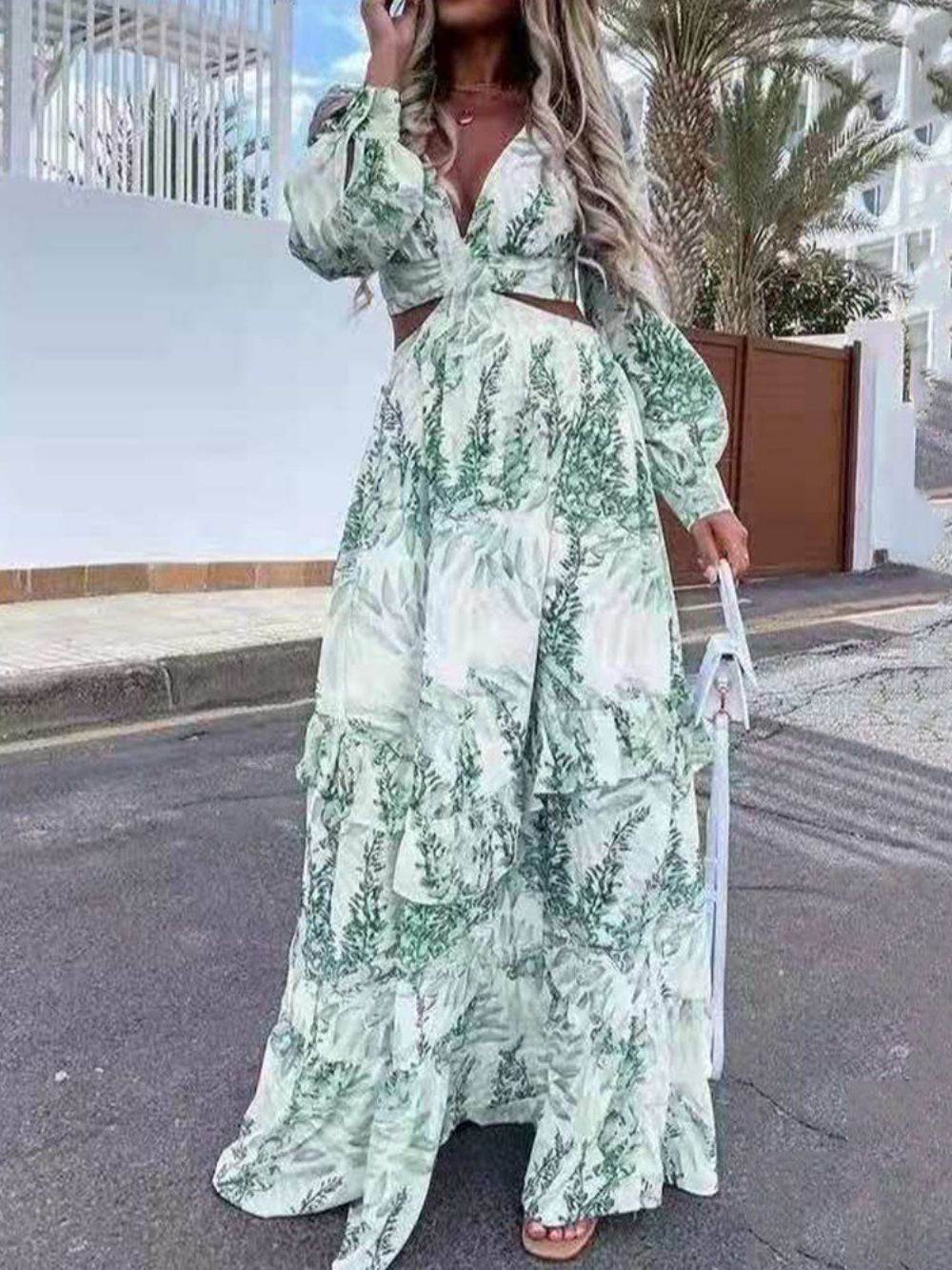 Vestido Maxi Estampado No Chão Com Decote Em V Regular