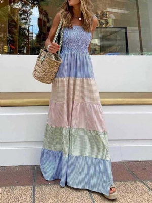 Vestido Maxi Estilo Bloco De Cores Sem Mangas Até O Chão