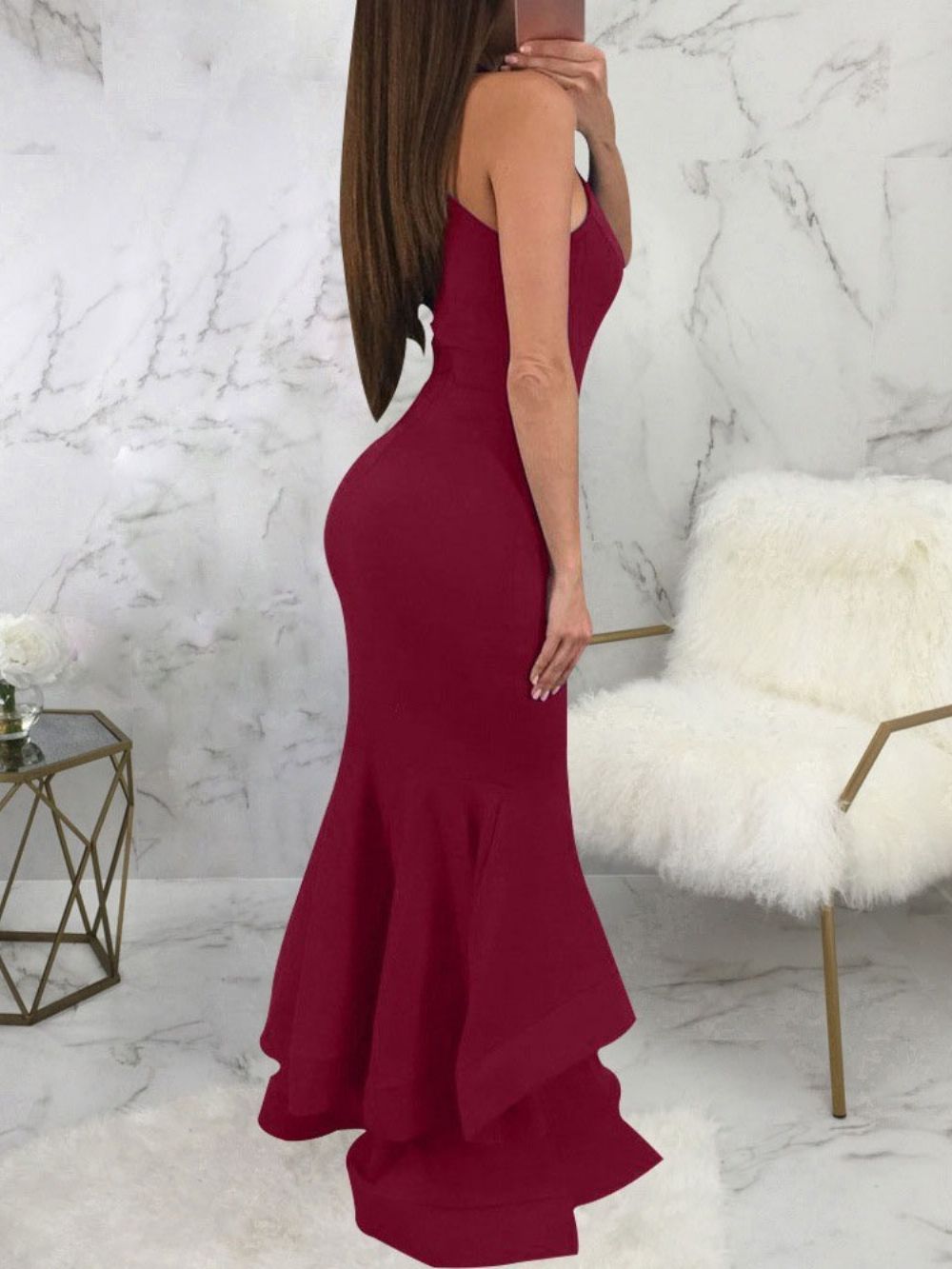 Vestido Maxi Estilo Sereia Sem Mangas Falbala