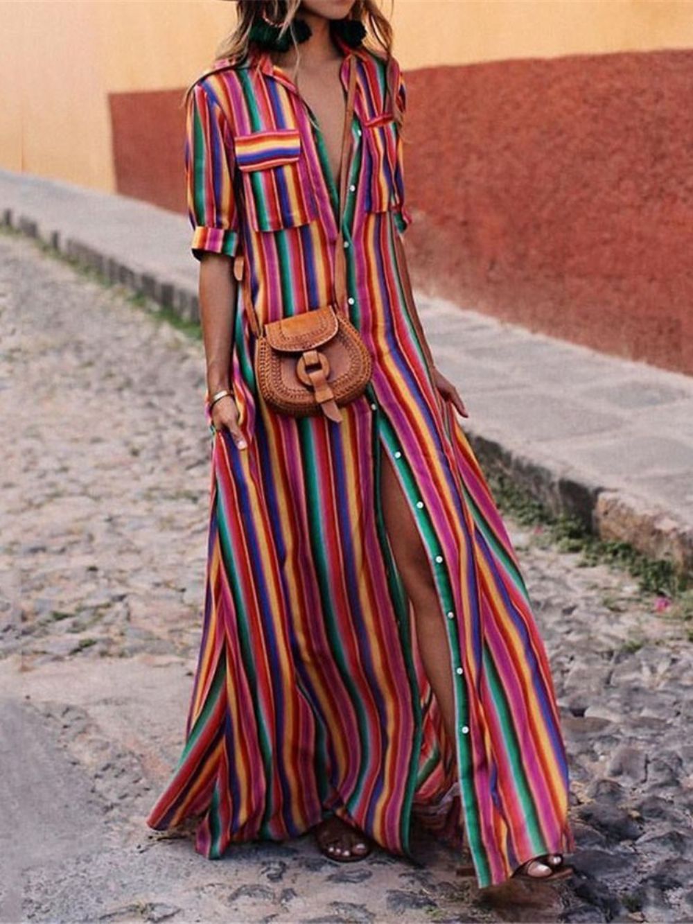 Vestido Maxi Fashion Com Botões Até O Chão E Meia Manga Expansível