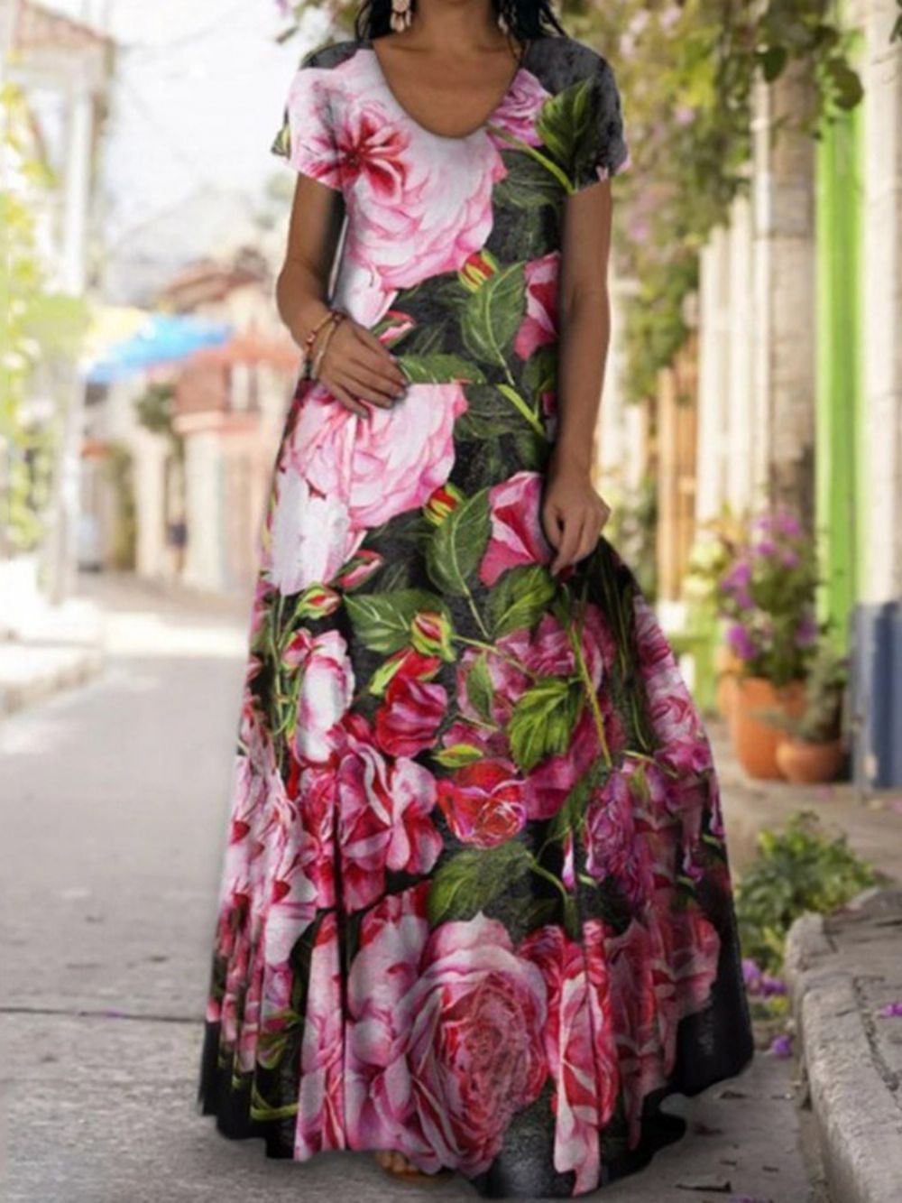 Vestido Maxi Floral Estampado No Chão Manga Curta Expansão