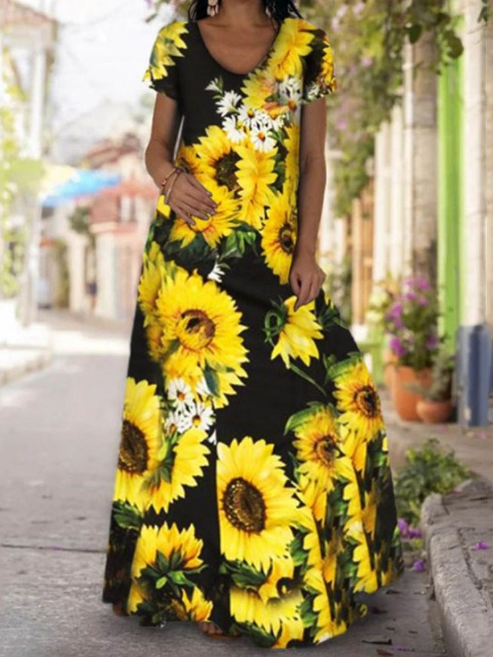 Vestido Maxi Floral Estampado No Chão Manga Curta Expansão