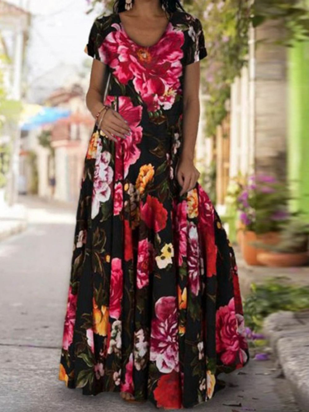 Vestido Maxi Floral Estampado No Chão Manga Curta Expansão