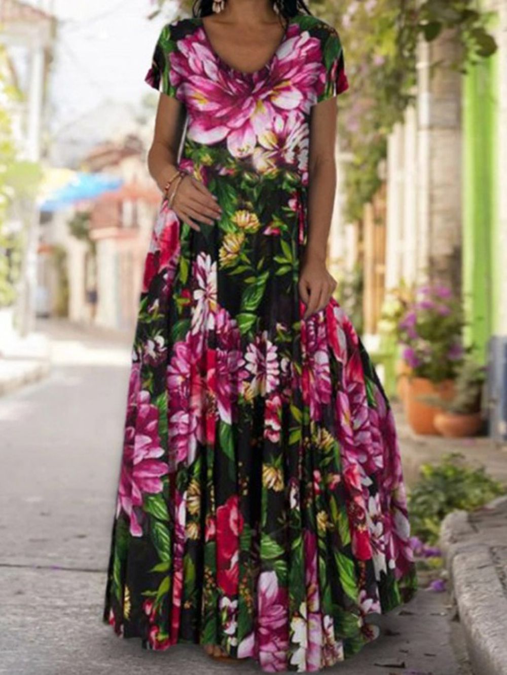 Vestido Maxi Floral Estampado No Chão Manga Curta Expansão