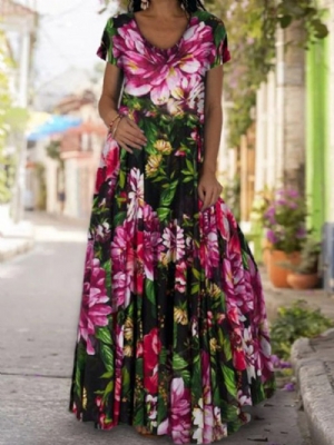 Vestido Maxi Floral Estampado No Chão Manga Curta Expansão