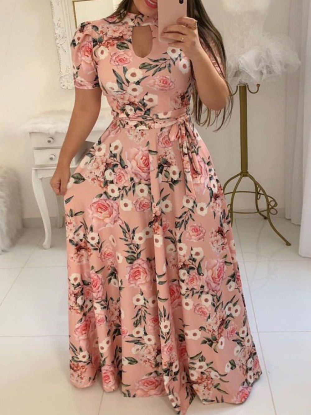 Vestido Maxi Floral Manga Curta Estampa De Gola Alta