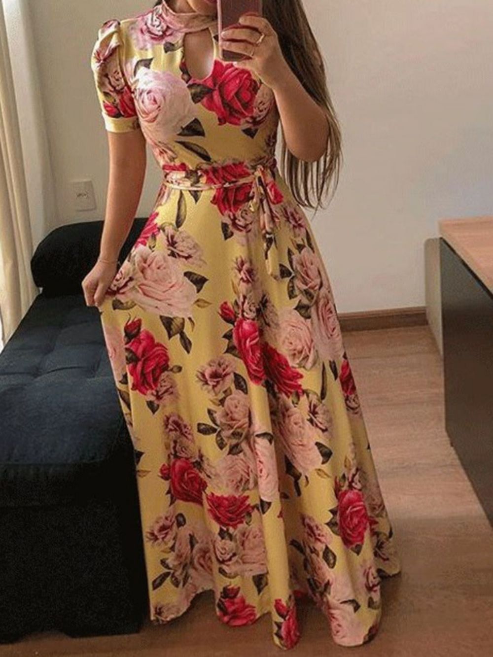 Vestido Maxi Floral Manga Curta Estampa De Gola Alta