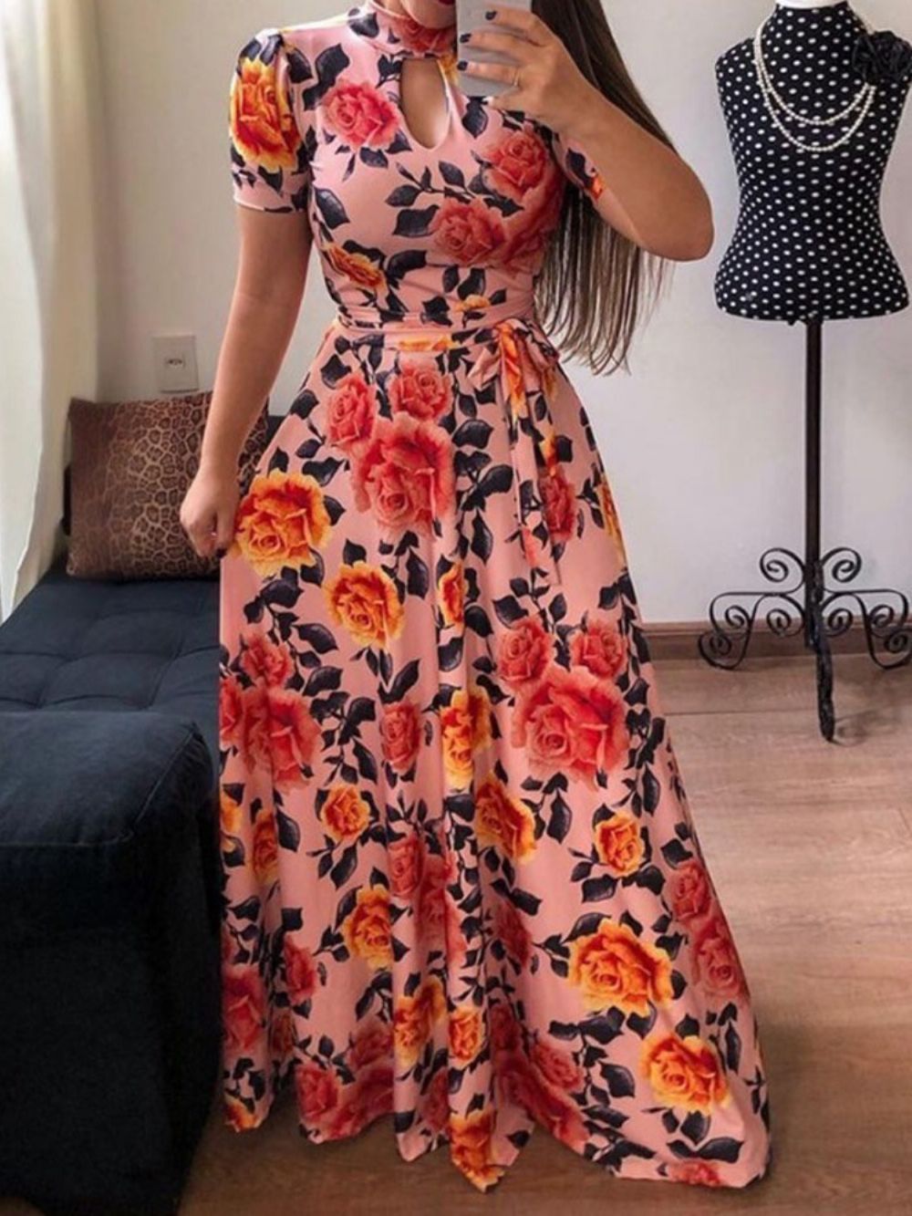 Vestido Maxi Floral Manga Curta Estampa De Gola Alta