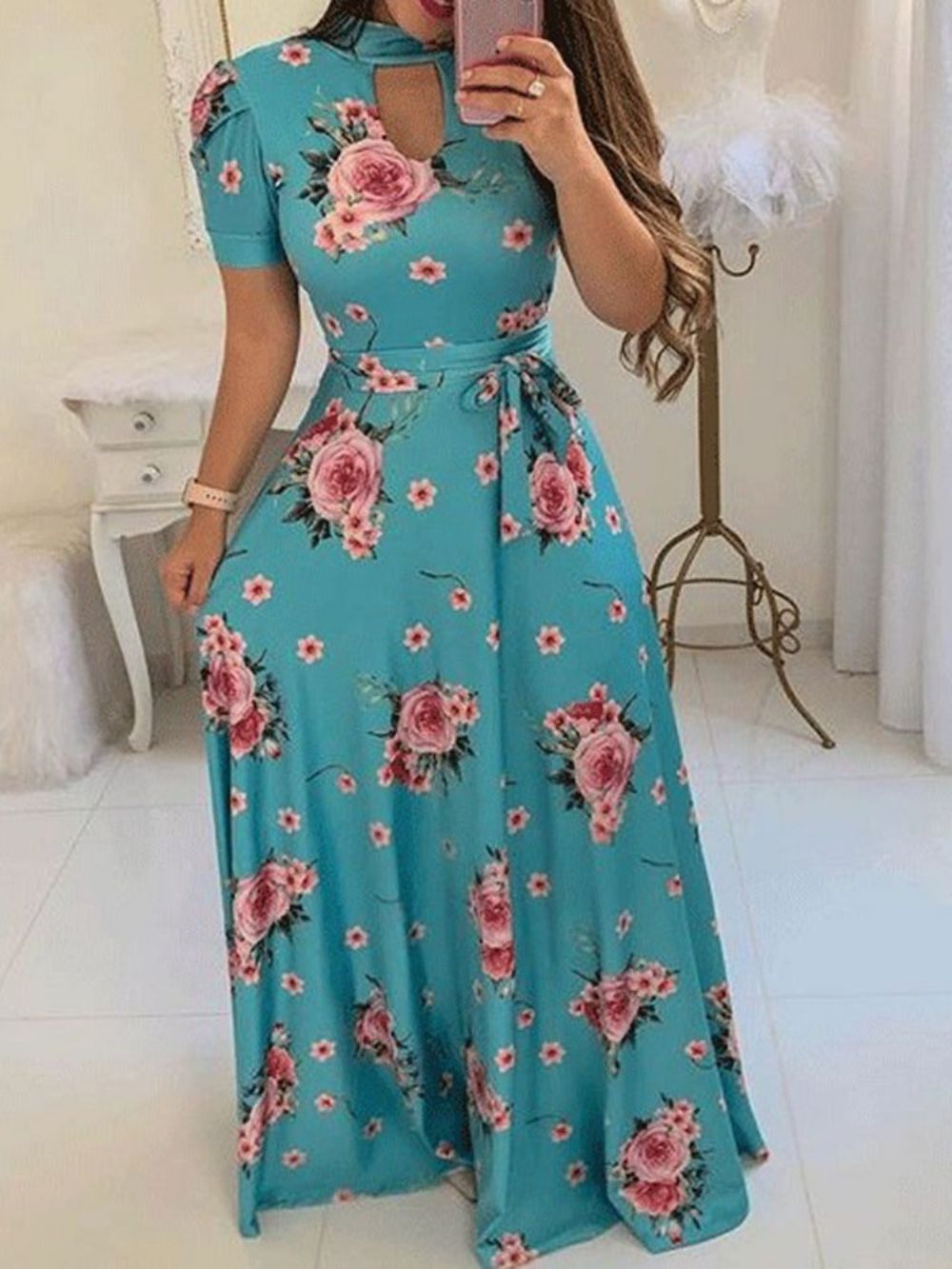 Vestido Maxi Floral Manga Curta Estampa De Gola Alta