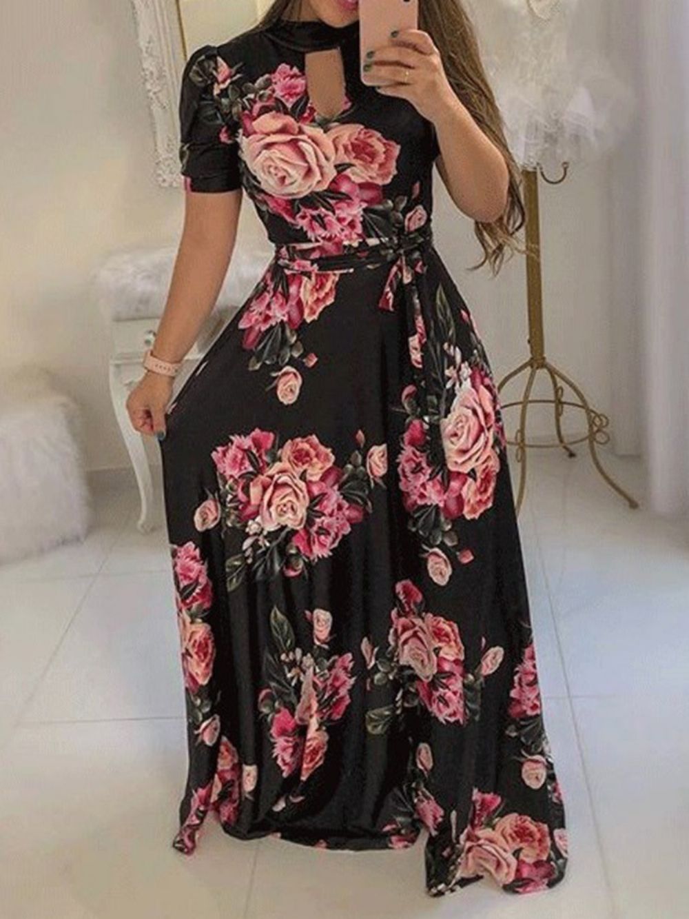 Vestido Maxi Floral Manga Curta Estampa De Gola Alta