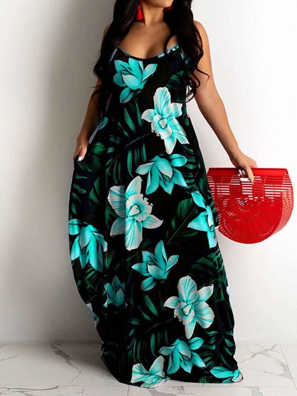 Vestido Maxi Floral Sem Mangas Estampado Até O Chão