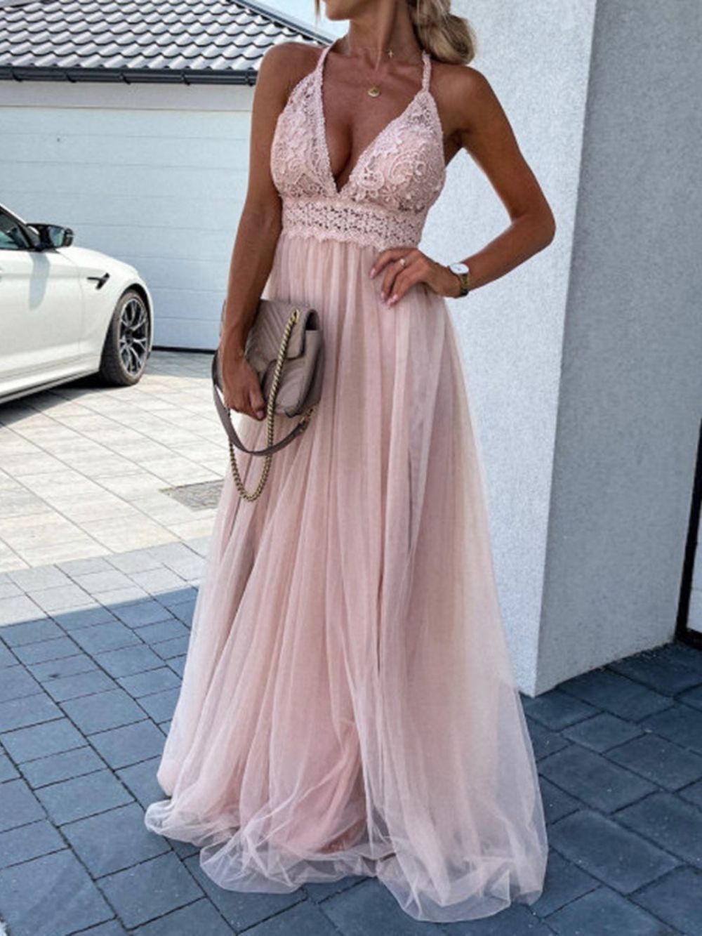 Vestido Maxi Liso De Malha Com Decote Em V Até O Chão