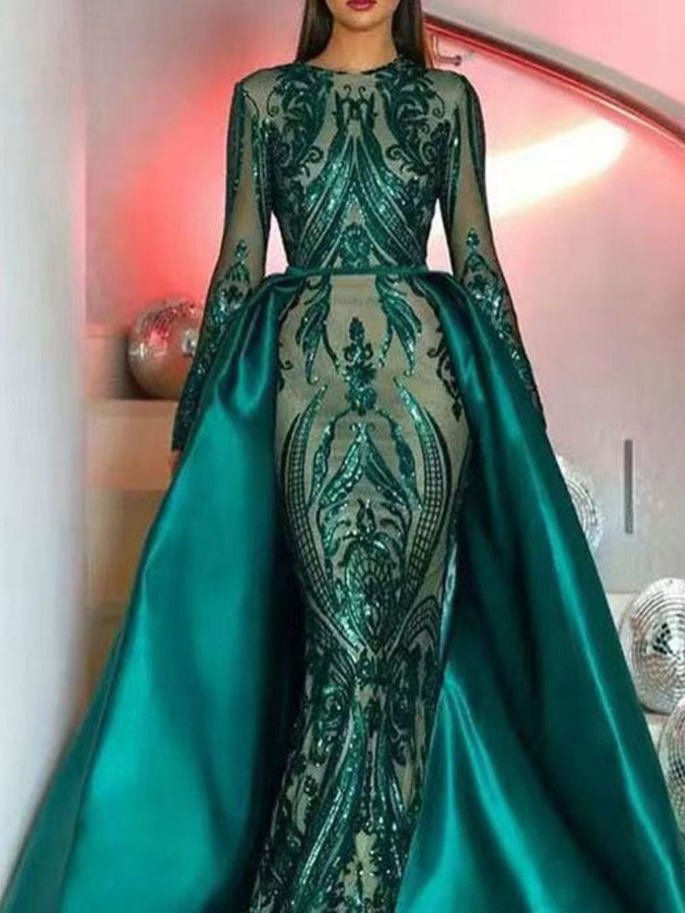 Vestido Maxi Pulôver De Manga Comprida Com Lantejoulas E Gola Redonda