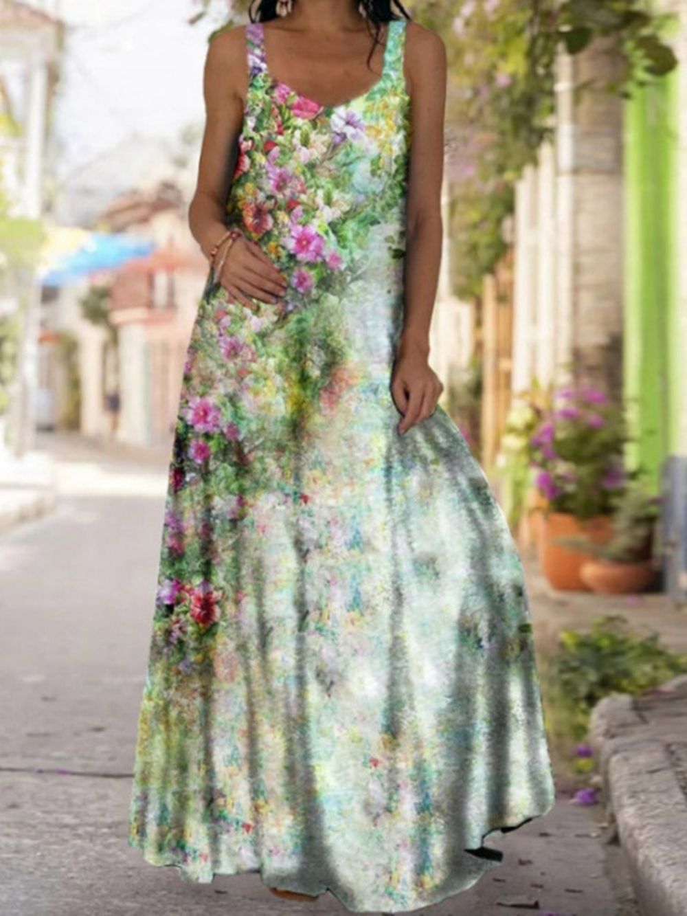 Vestido Maxi Pulôver De Retalhos Até O Chão Sem Mangas Tamanho Grande