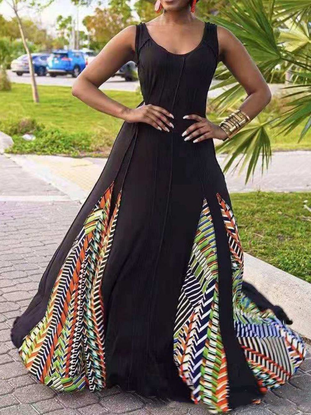 Vestido Maxi Pulôver De Retalhos Sem Mangas Até O Chão