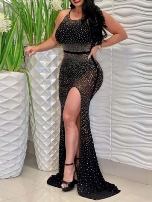 Vestido Maxi De Strass Longo Sem Mangas Moda Verão