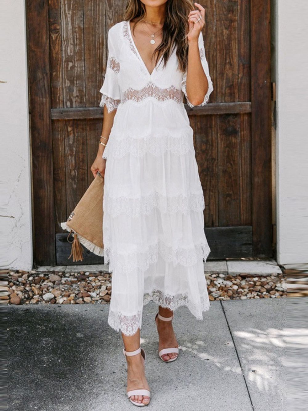 Vestido De Praia Com Manga Três Quartos Decote Em V Patchwork Cintura Média Vestidos De Praia Para Mulheres Vestido De Convidada De Casamento