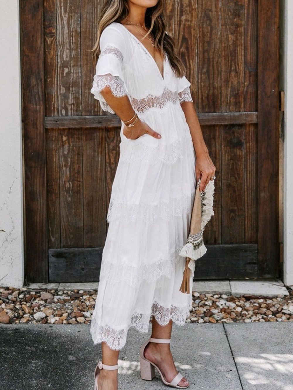 Vestido De Praia Com Manga Três Quartos Decote Em V Patchwork Cintura Média Vestidos De Praia Para Mulheres Vestido De Convidada De Casamento