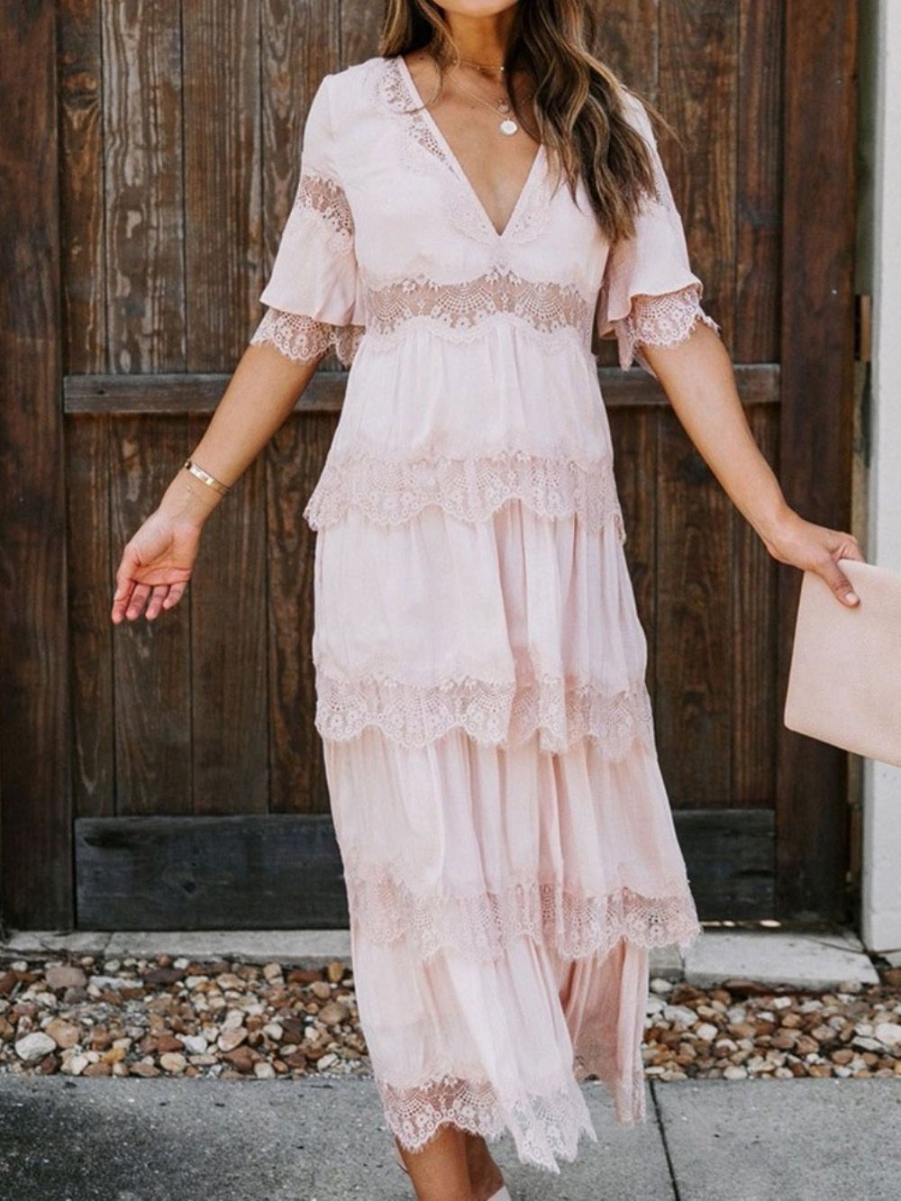 Vestido De Praia Com Manga Três Quartos Decote Em V Patchwork Cintura Média Vestidos De Praia Para Mulheres Vestido De Convidada De Casamento