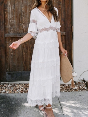 Vestido De Praia Com Manga Três Quartos Decote Em V Patchwork Cintura Média Vestidos De Praia Para Mulheres Vestido De Convidada De Casamento