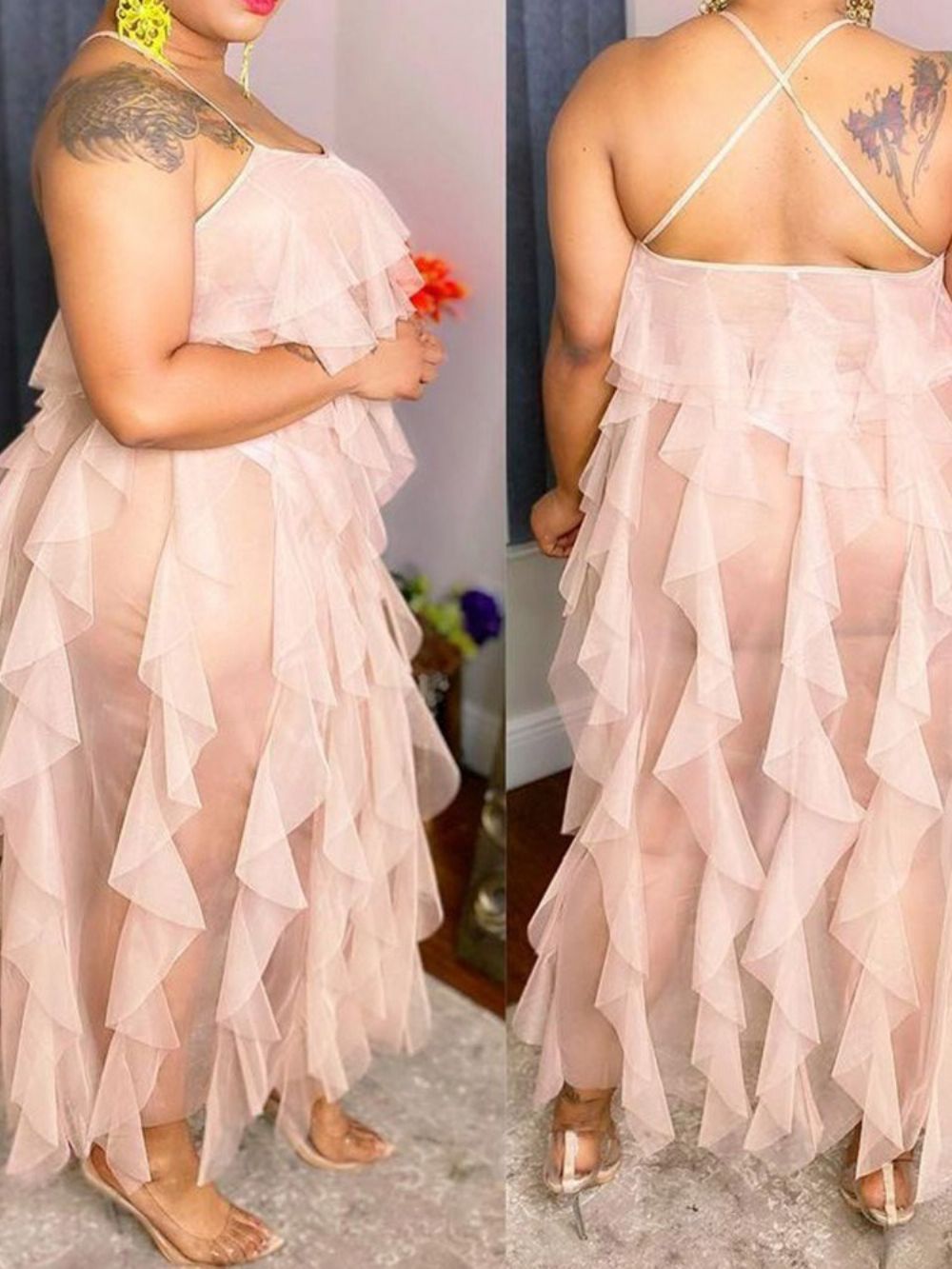 Vestido Sem Mangas Transparentes Até O Tornozelo Bodycon Liso Maxi Vestido Plus Size