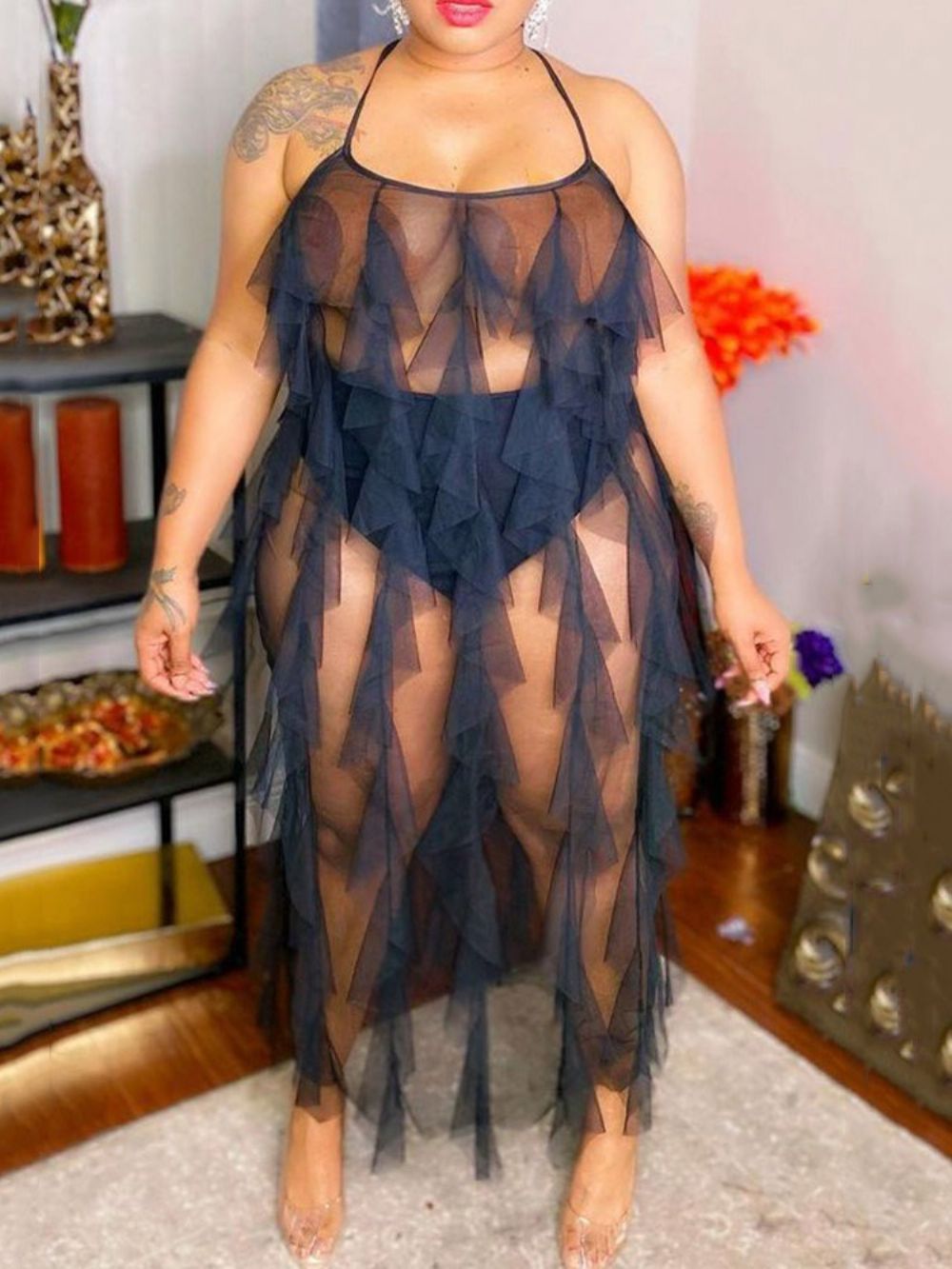 Vestido Sem Mangas Transparentes Até O Tornozelo Bodycon Liso Maxi Vestido Plus Size