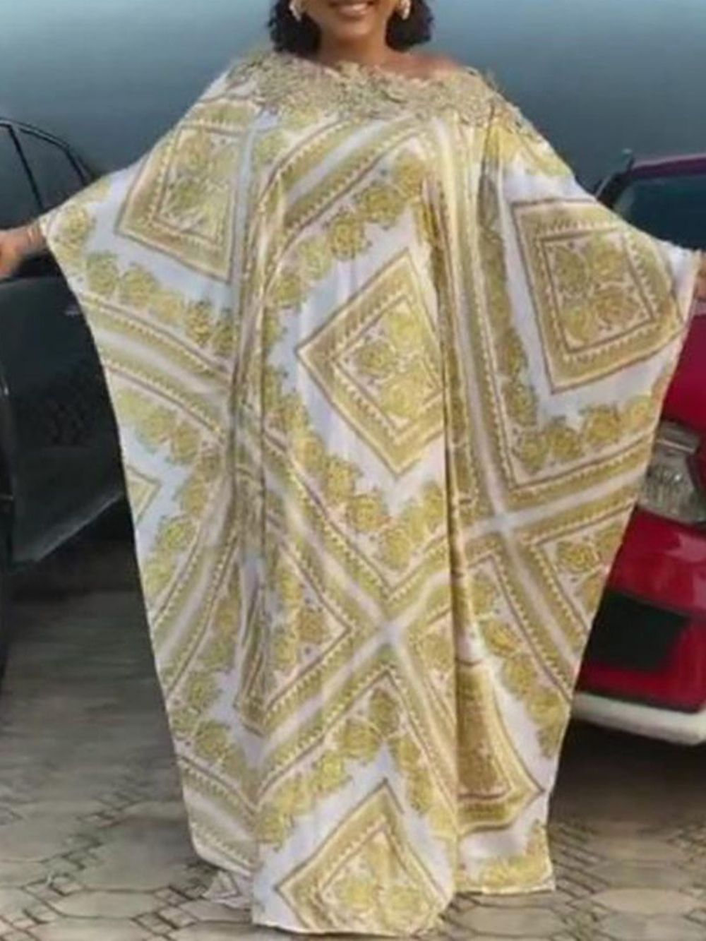 Vestido De Verão Com Estampa De Manga Comprida E Comprimento Até O Chão