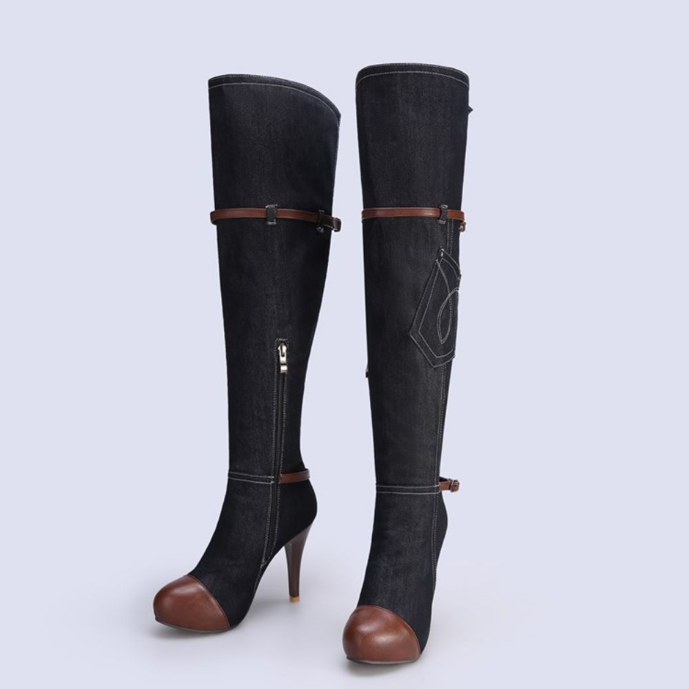 Botas De Cano Alto Com Salto Agulha Em Patchwork Jeans