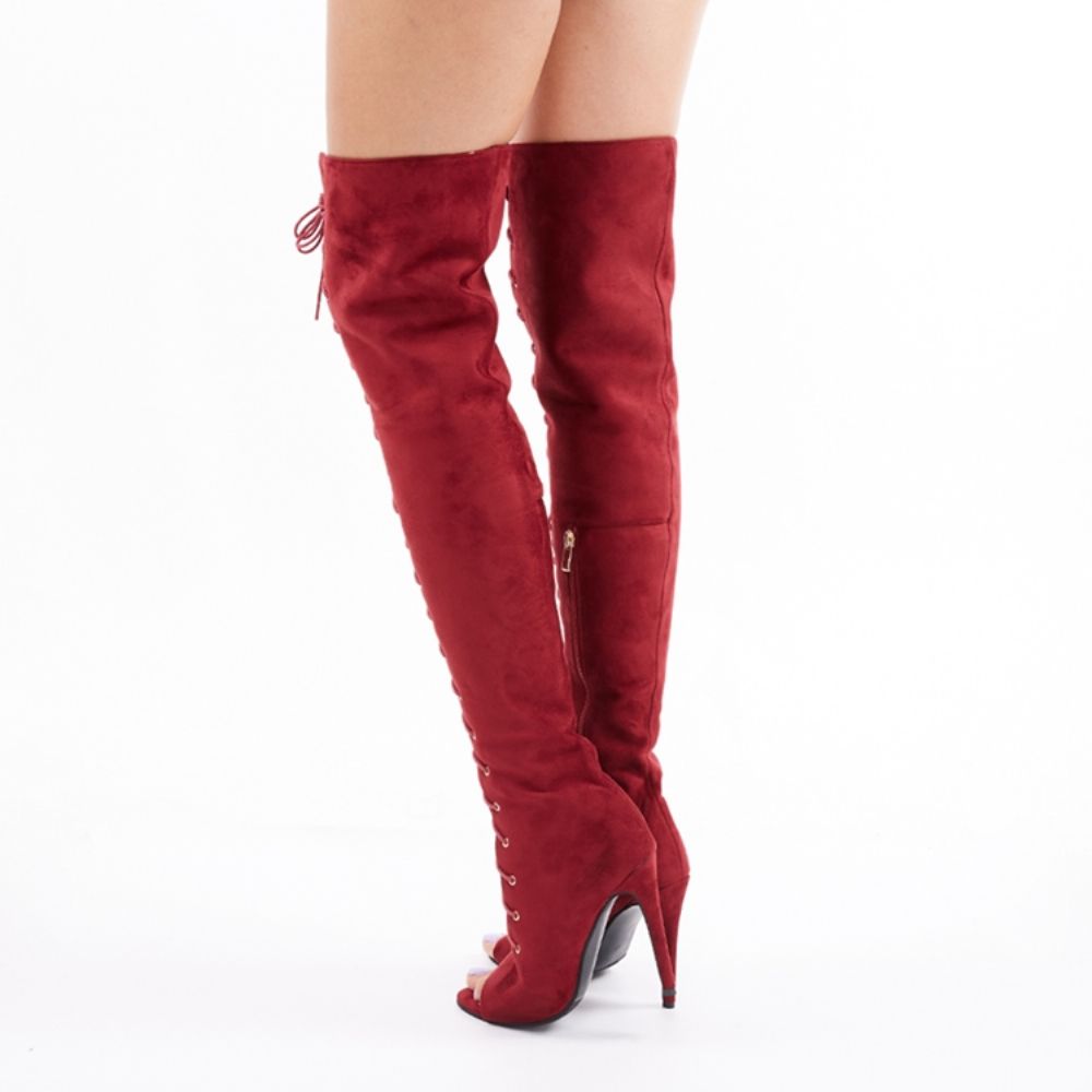 Botas De Cano Alto Peep Toe Vermelhas Com Cadarço