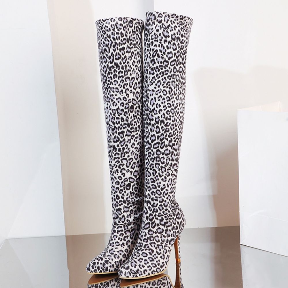 Botas Femininas De Cano Alto Com Estampa De Leopardo Salto Agulha Bico Fino