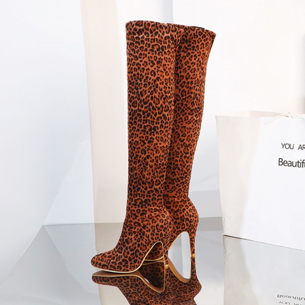 Botas Femininas De Cano Alto Com Estampa De Leopardo Salto Agulha Bico Fino