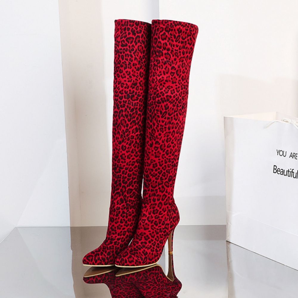 Botas Femininas De Cano Alto Com Estampa De Leopardo Salto Agulha Bico Fino