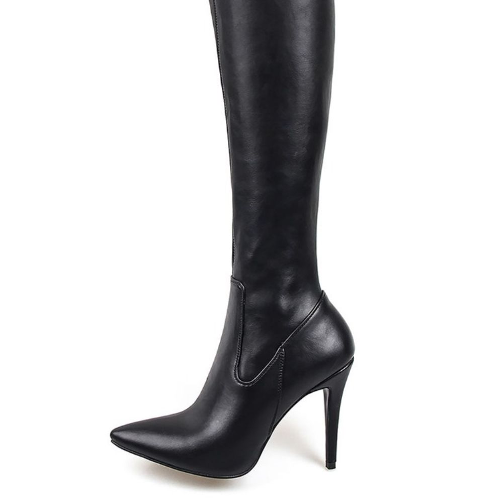 Botas Femininas De Cano Alto Com Salto Agulha E Bico Fino Simples