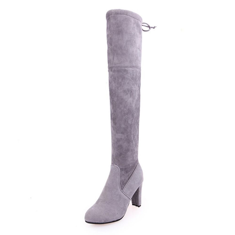 Botas Femininas De Cano Alto Com Salto Grosso Bico Redondo Simples