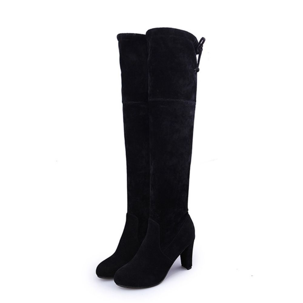 Botas Femininas De Cano Alto Com Salto Grosso Bico Redondo Simples