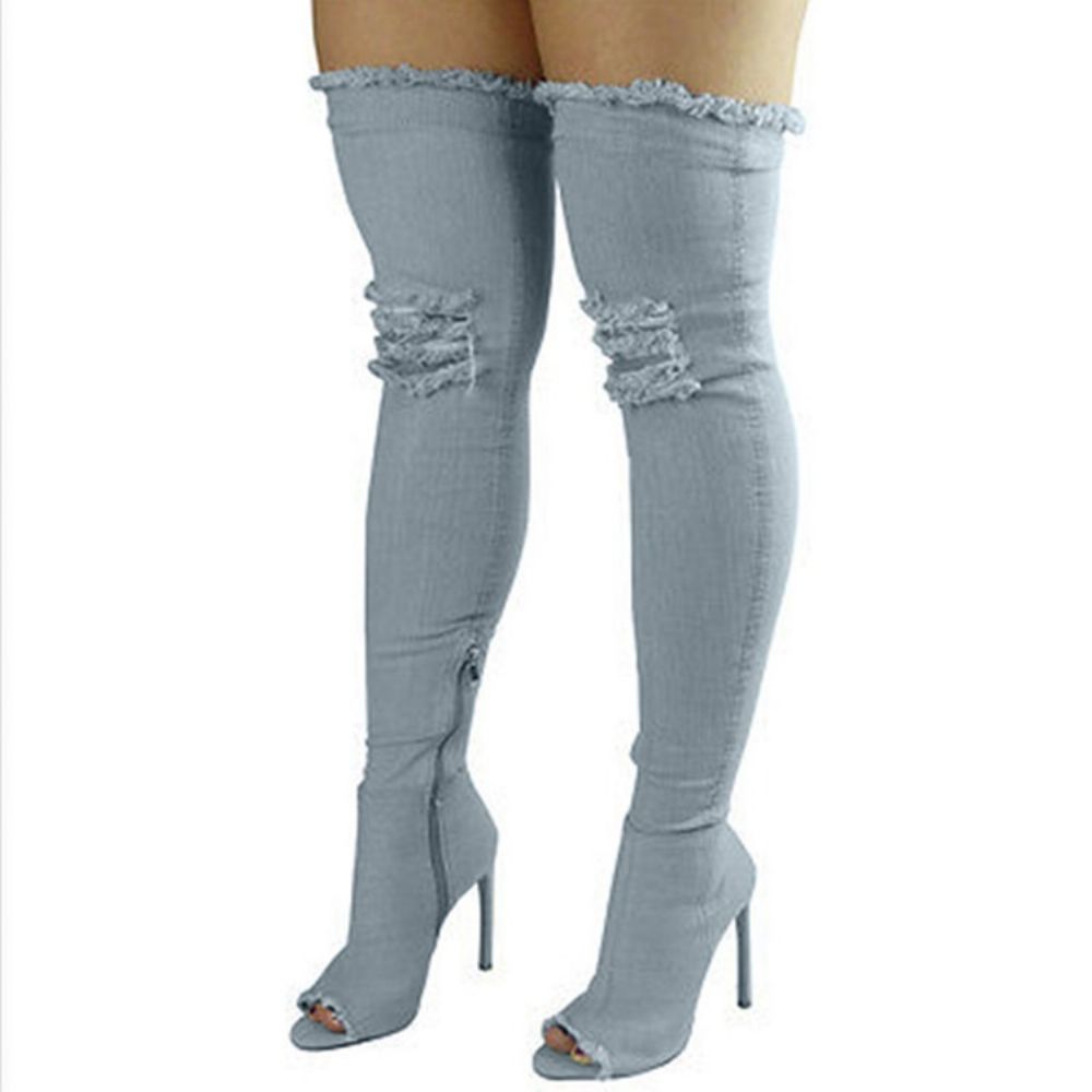 Botas Femininas De Cano Alto Jeans Com Zíper Lateral Peep Toe