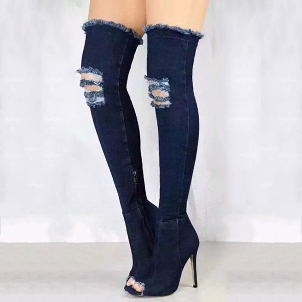 Botas Femininas De Cano Alto Jeans Com Zíper Lateral Peep Toe