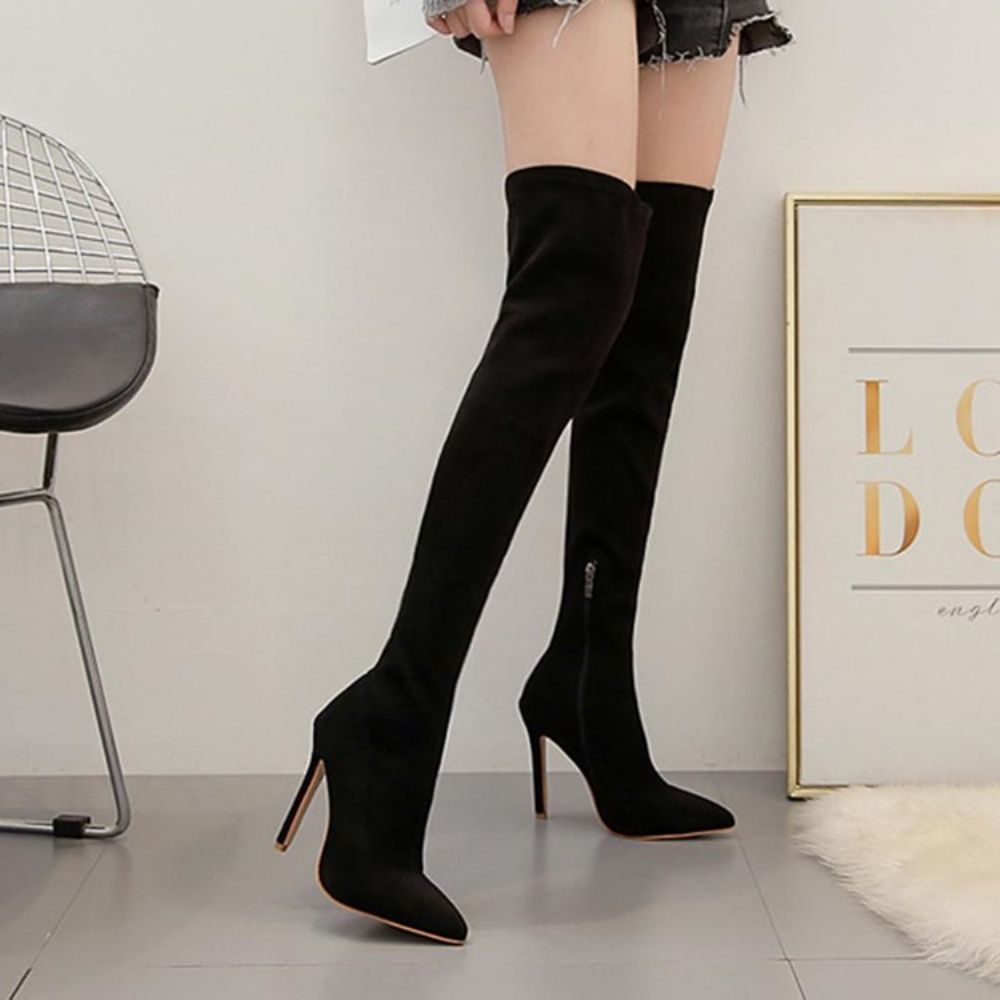 Botas Femininas Over-The-Knee Bico Fino Com Salto Agulha