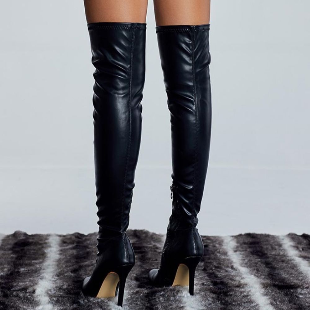 Botas Femininas Over The Knee Lisas Com Salto Agulha Bico Fino