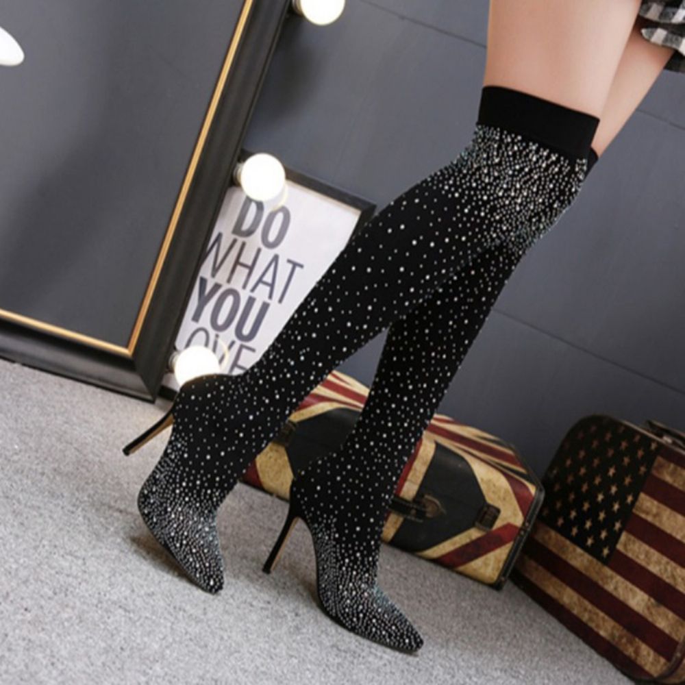 Botas Ocidentais De Bico Fino E Bico Fino Strass Com Salto Agulha