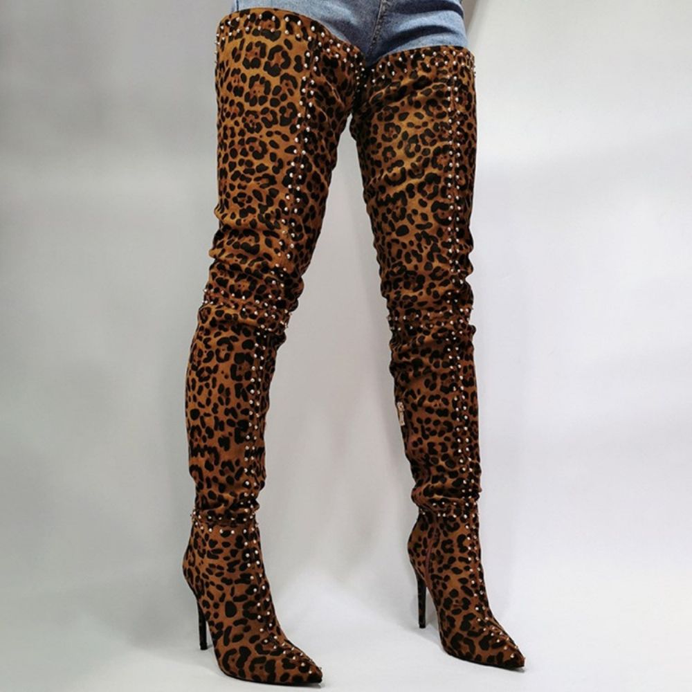 Botas Profissionais Leopard Com Bico Pontudo E Zíper Lateral