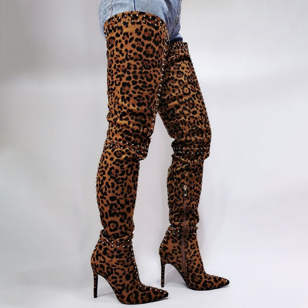 Botas Profissionais Leopard Com Bico Pontudo E Zíper Lateral