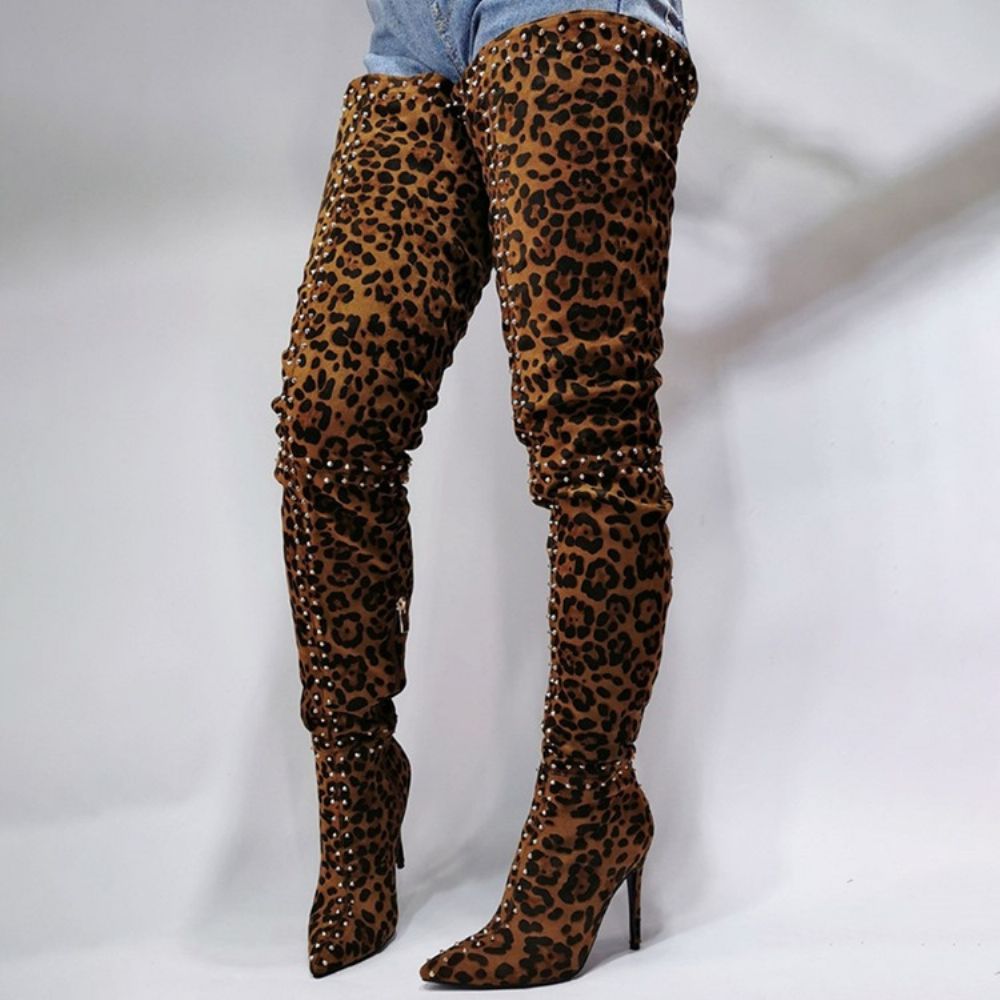 Botas Profissionais Leopard Com Bico Pontudo E Zíper Lateral