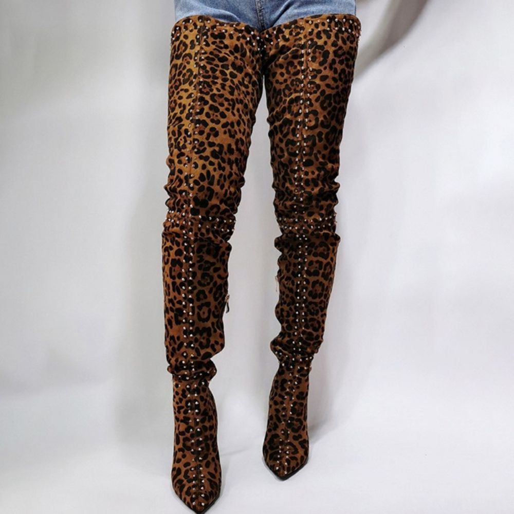 Botas Profissionais Leopard Com Bico Pontudo E Zíper Lateral