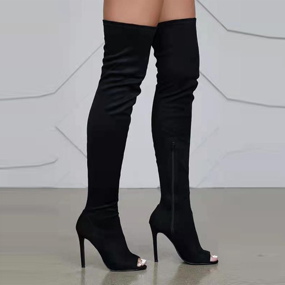 Botas De Salto Agulha Com Zíper Lateral Peep Toe