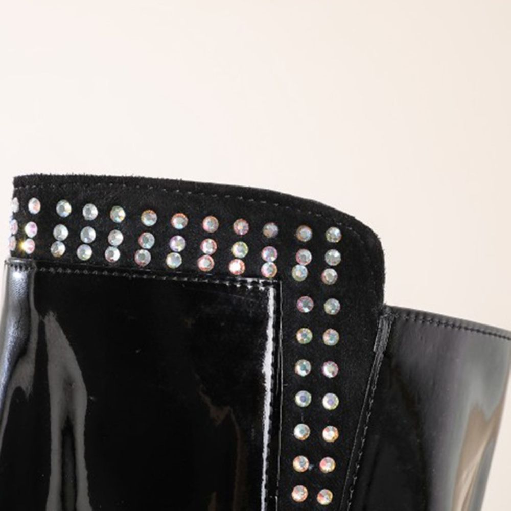 Botas De Strass Com Zíper Lateral Bico Redondo E Salto Grosso