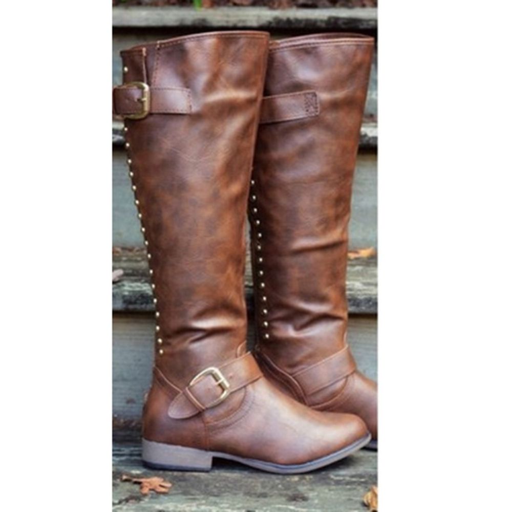 Botas Vintage Lisas Com Bico Redondo E Zíper Nas Costas